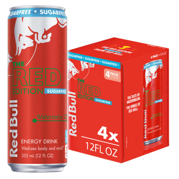 Red Bull Red Edition Sugar Free Energy Drink, Watermelon, 114mg Caffeine, 12 fl oz, Pack of 4 Cans